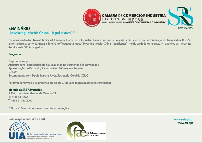 Seminário sobre "Investing in/with China - legal issues"